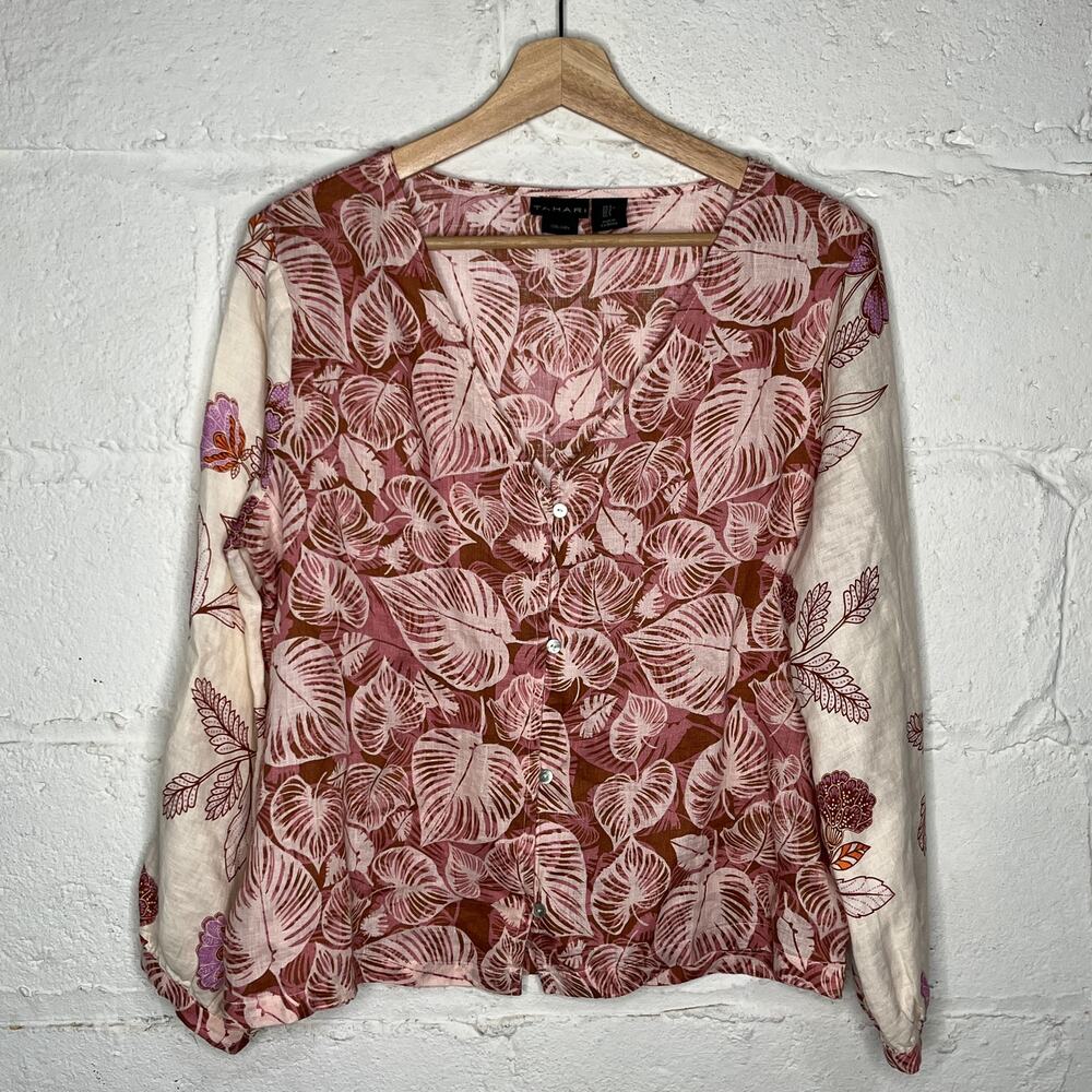 Tahari Women's Linen Long Sleeve Tropical Botanical Button‎ V-Neck Blouse Small